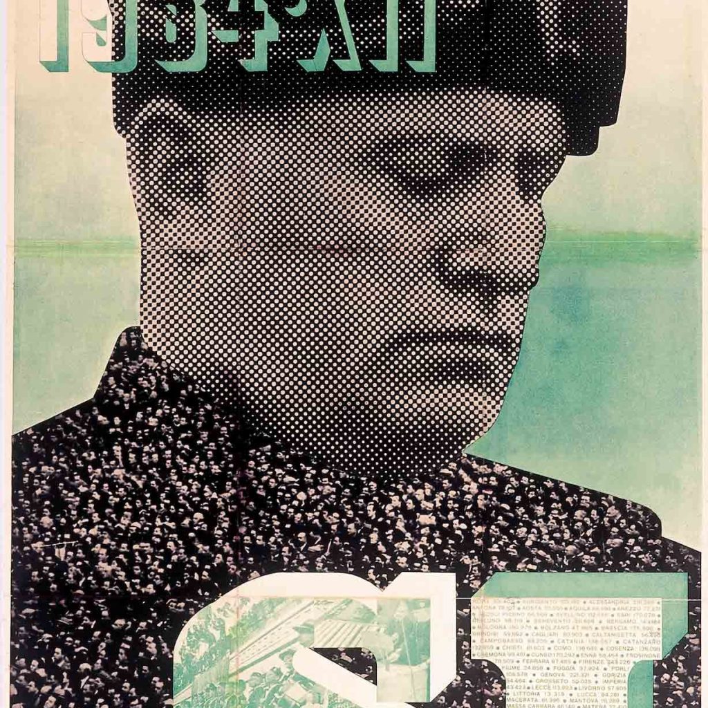 A stylized pster image of Mussolini.