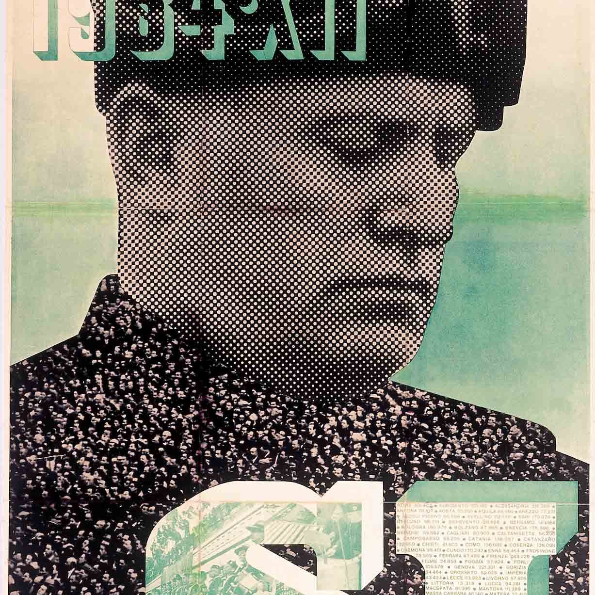 A stylized pster image of Mussolini.