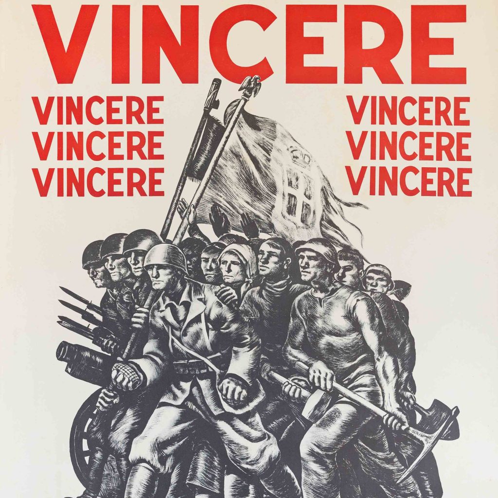A poster image of several men in an army formation with red and green lettering