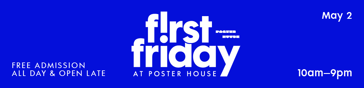white text on blue background advertising First Friday in May