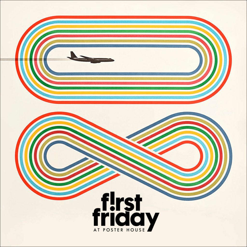 A poster image of two interlocking circles and an airplane in flight