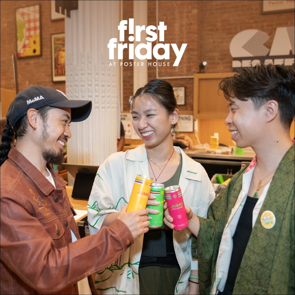 A photo of three people cheersing at a bar