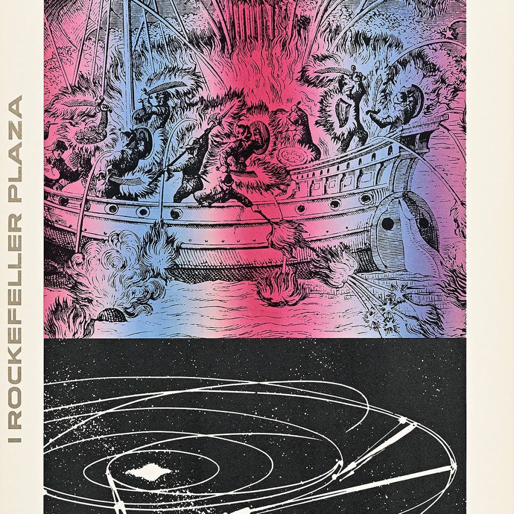 A poster depiction of several multicolored images