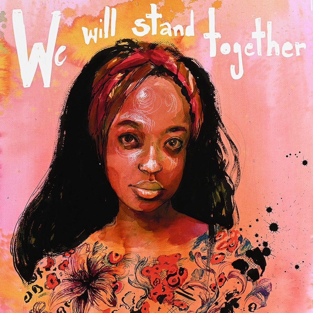 A stylized poster image of a black woman in the foreground of a pink background