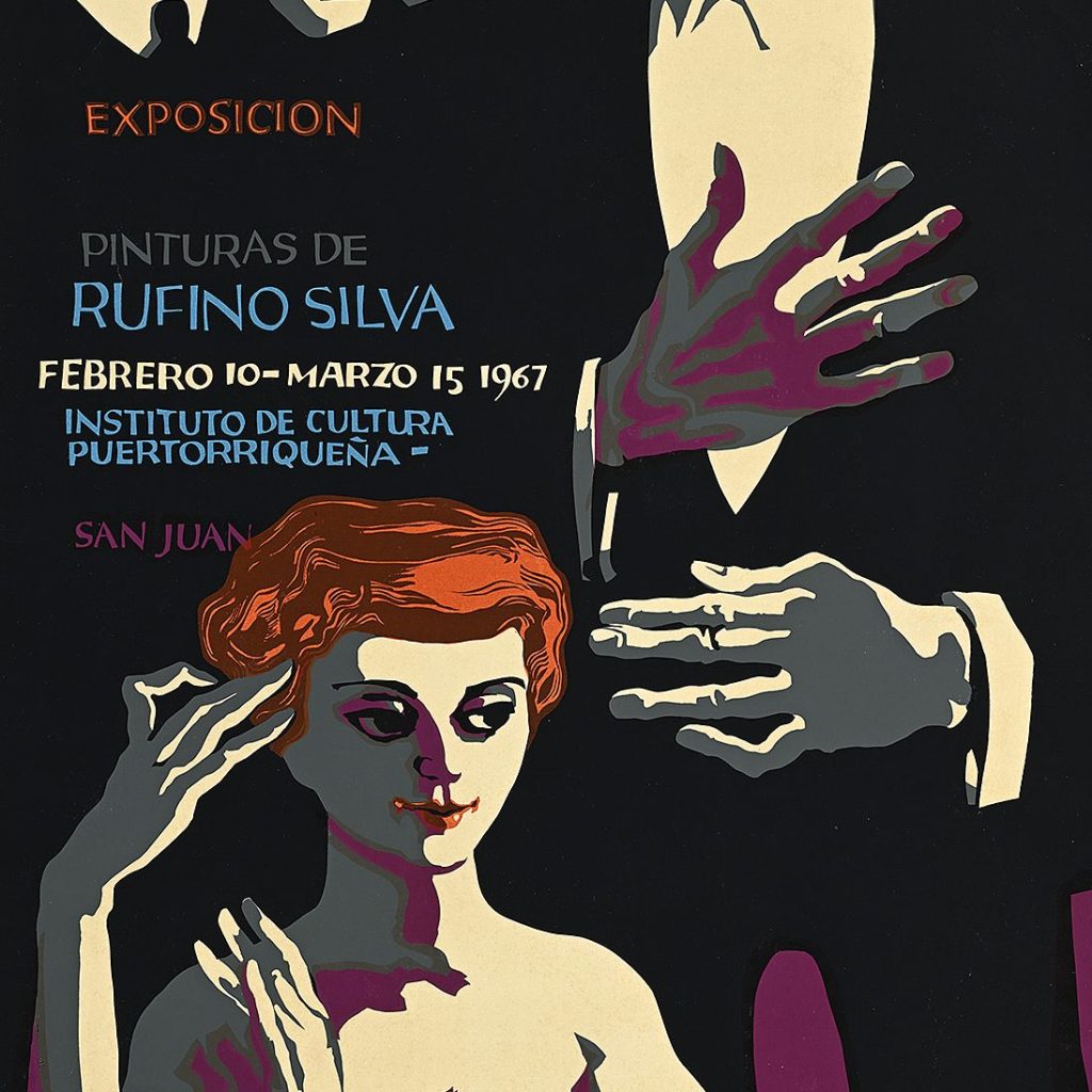 A woman stands with several men in this poster for a Spanish exhibition