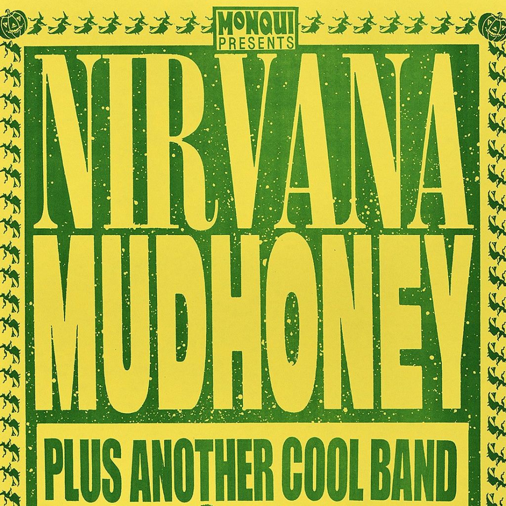 A poster depicting event information for the band Nirvana on multi-colored papter