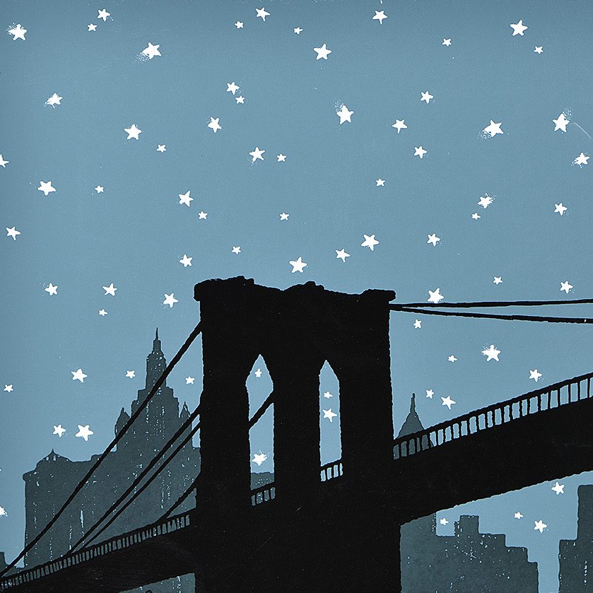 A poster image depiction of the Brooklyn Bridge at night