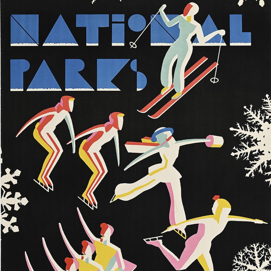 A poster image of several stylized skiiers on a black background