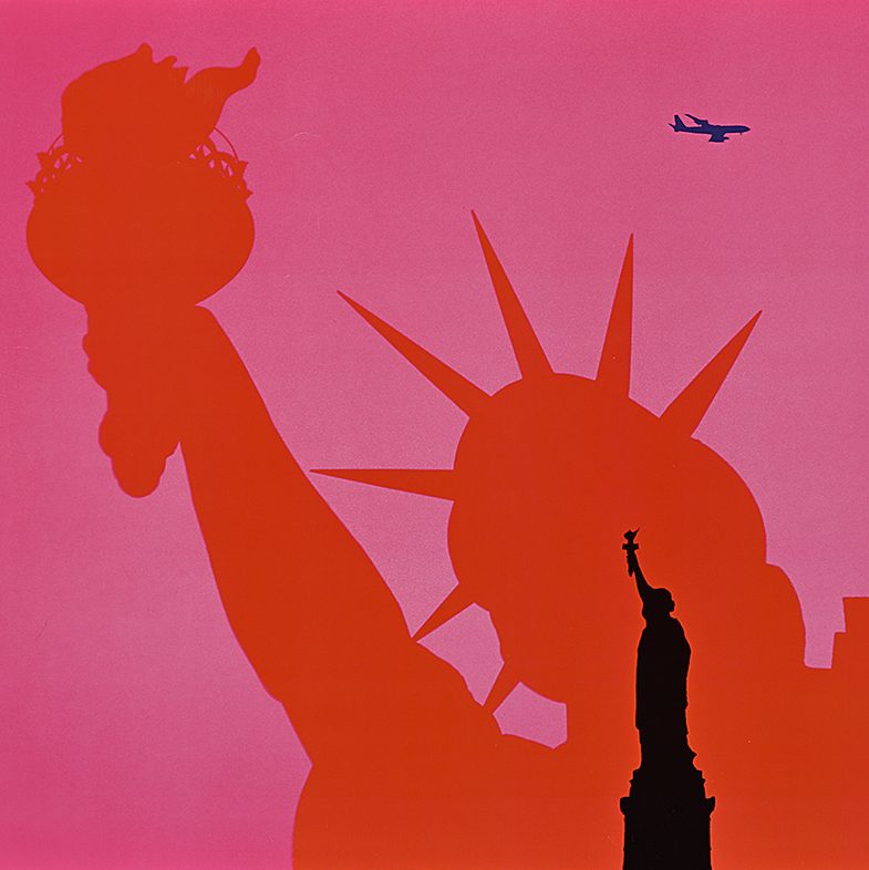 A poster depiction of the Statue of Liberty in pink, red, and black coloring