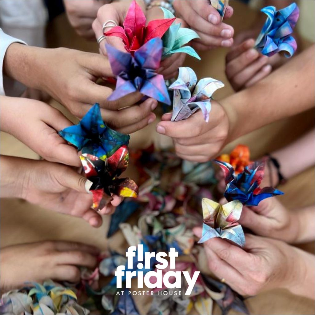 A digital poster image of several people displaying their origami flowers