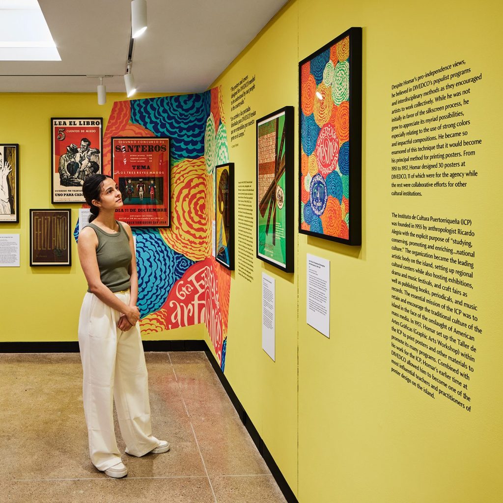 A woman looks at a poster on the wall in an art gallery