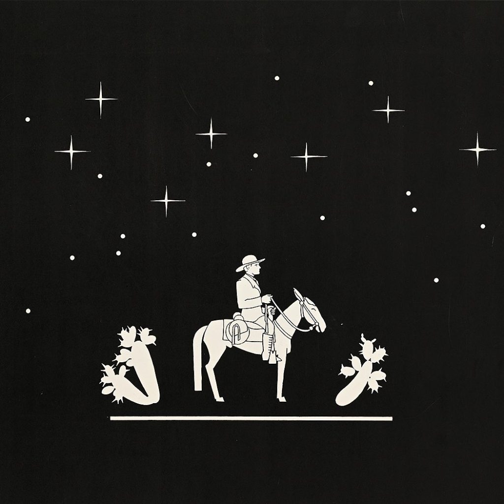 A poster image of a stylized cowboy on horseback in the foreground of a night sky with stars