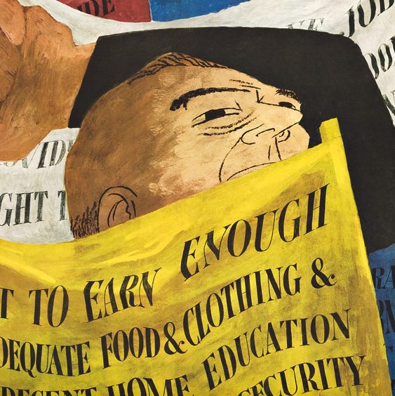 A poster of a man with a raised among multicolored protest banners