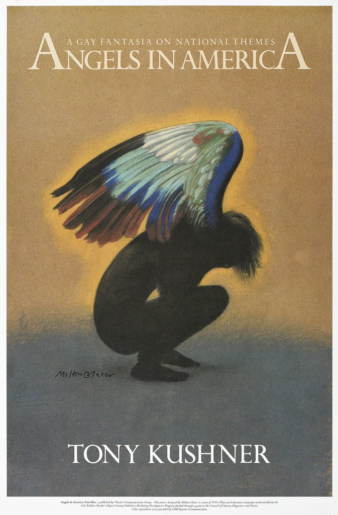 Poster of an angel with colorful wings crouching down.