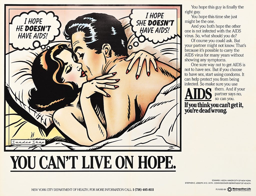 Poster of a couple having sex with bubble thoughts.