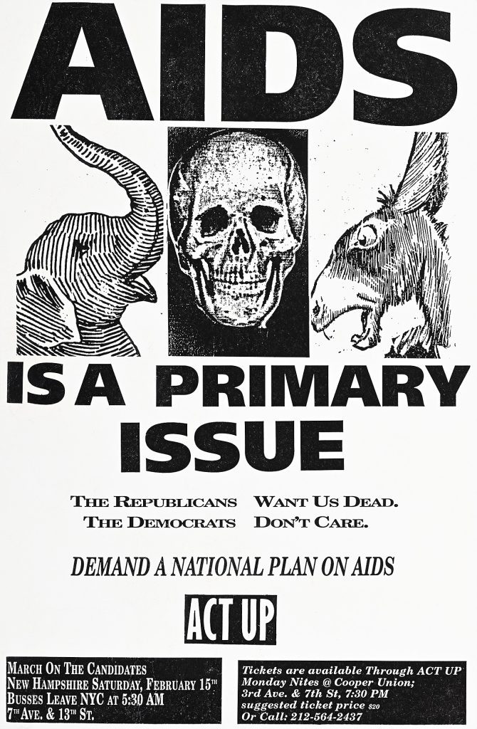 Poster of a donkey and an elephant surrounding a skull.
