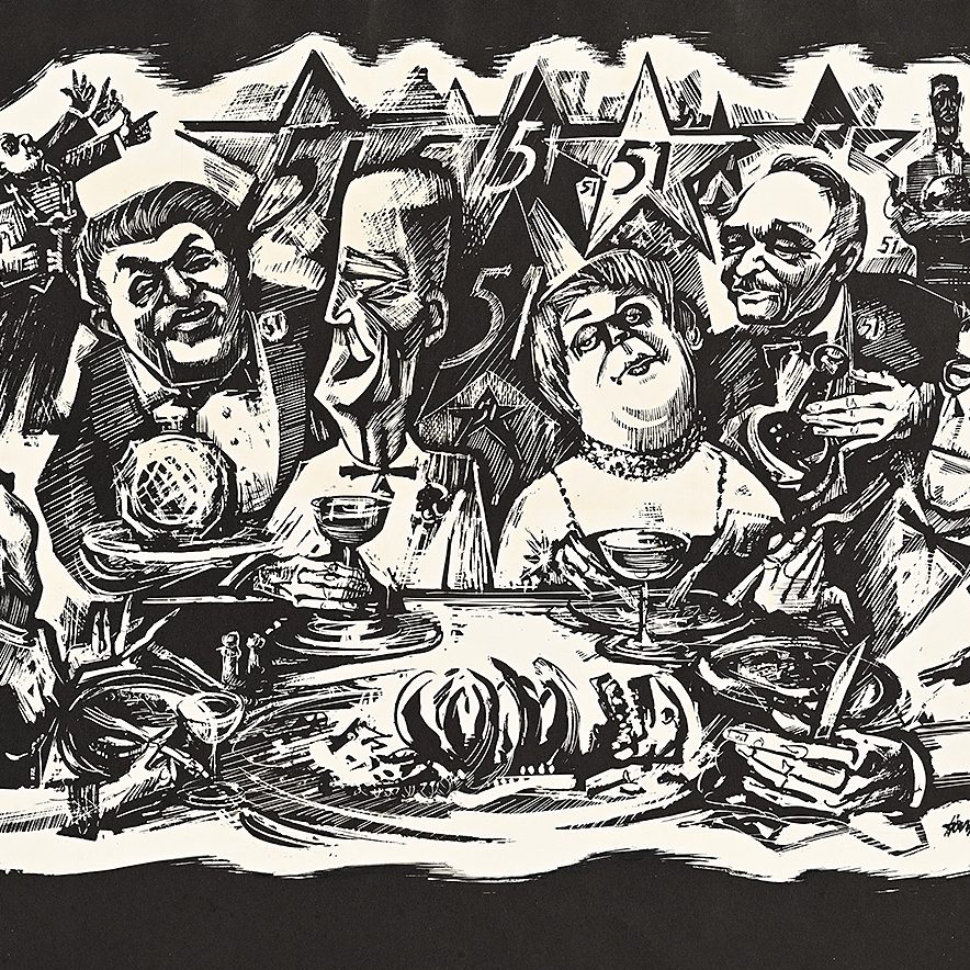 A poster of men and women around a carcass at a table surrounded by stars.