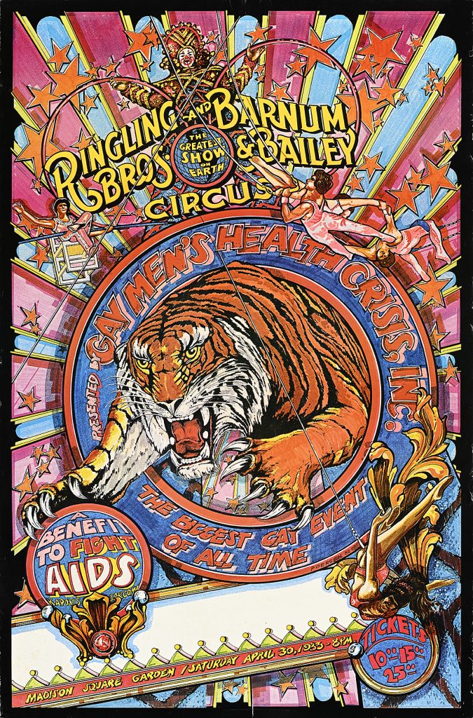 Poster of an illustrated tiger jumping through a flaming hoop.
