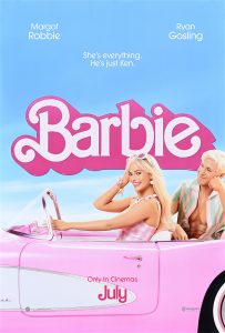 A movie poster of Barbie in a car with the text "She's everything. He's just Ken."