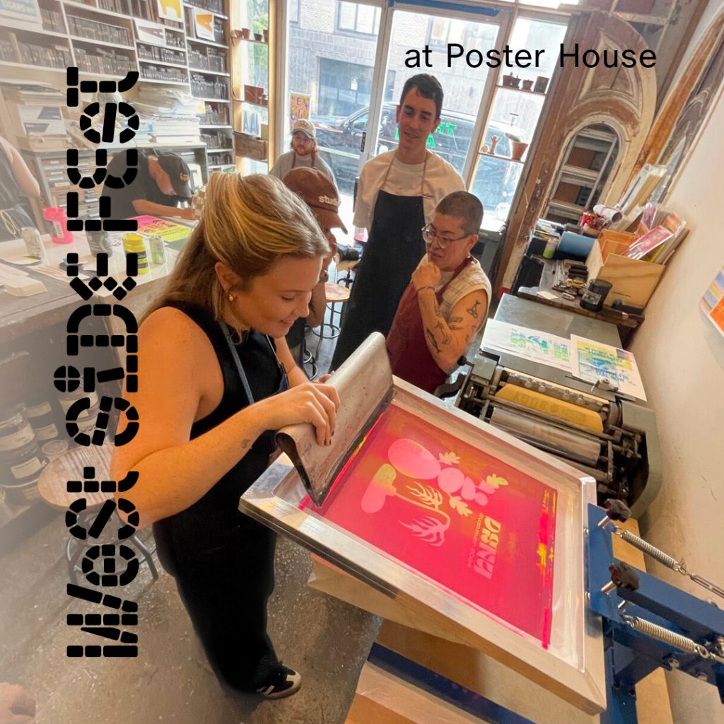 A square image of a woman using a screen printer