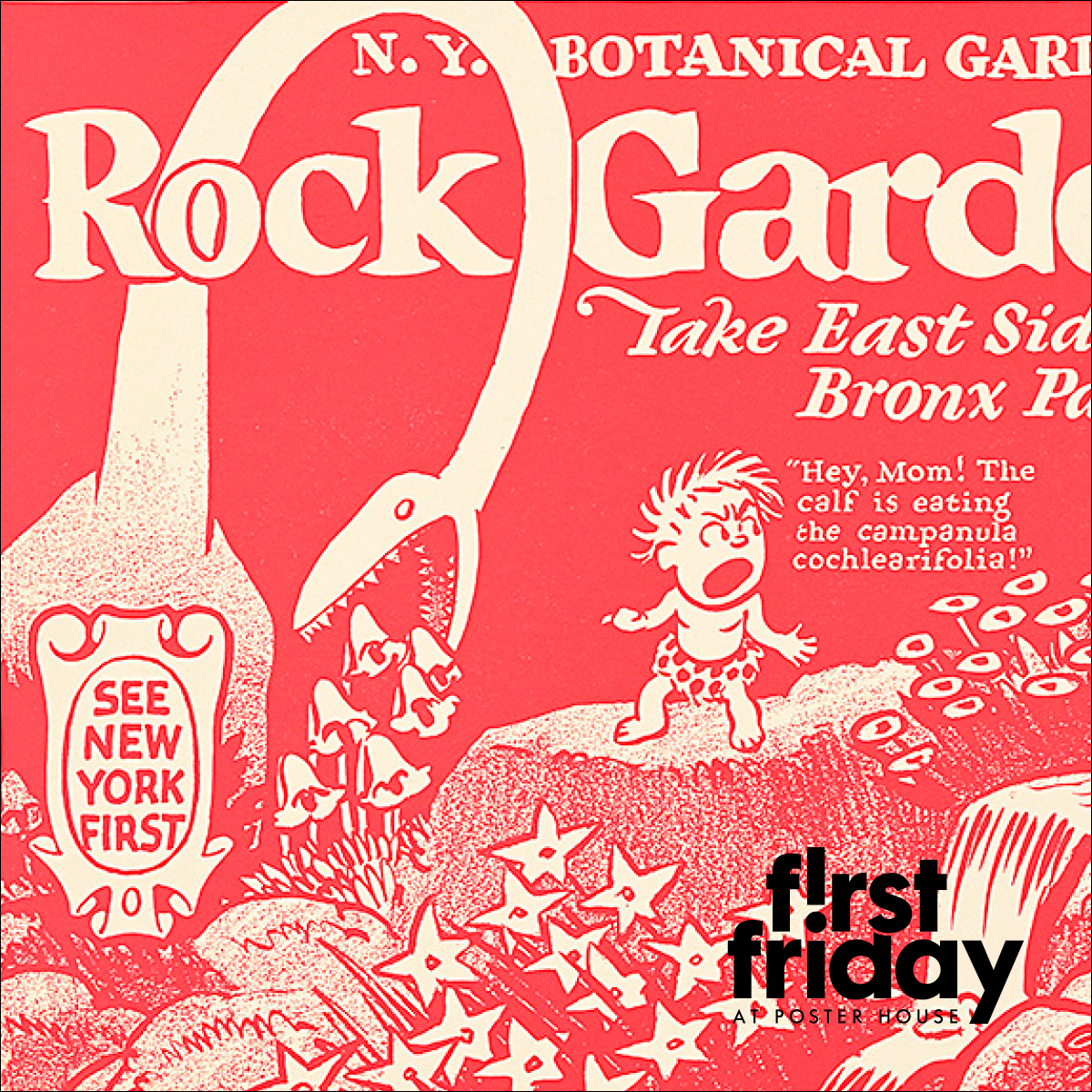 Red ink on off white paper illustration of a figure exploring a botanical garden