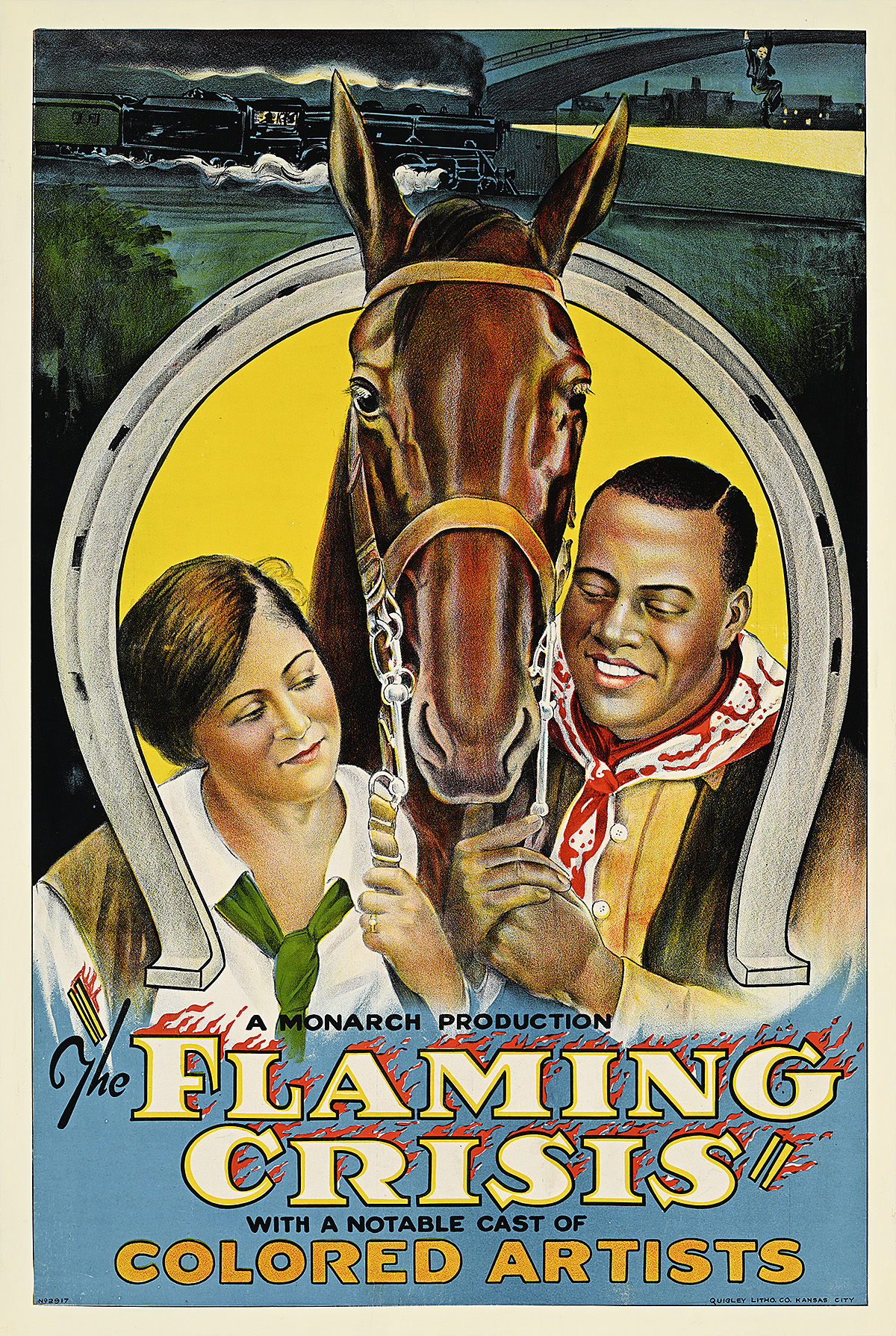 Poster of a couple smiling shyly at each other between a horse.