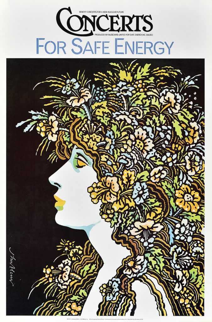 Poster of a woman in profile with her hair made out of flowers.
