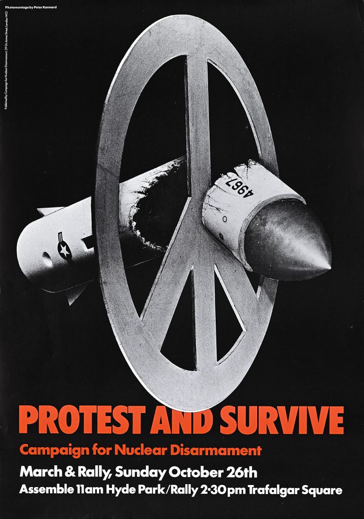 Poster of a nuclear weapon cut in half by a peace sign.
