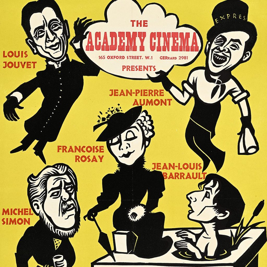 Poster with multiple figures in black and white set against yellow background