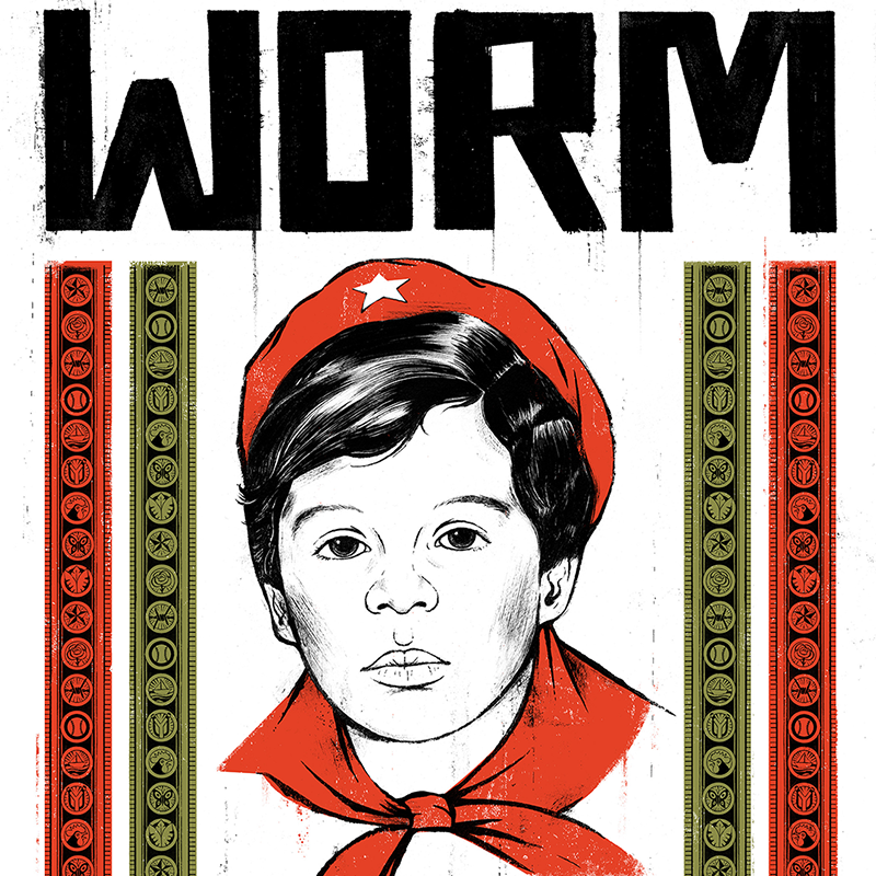 Poster of a child's head surrounded by four strips with imprinted patterns and a handwritten text Worm, A cuban American Oddesey, Edel Rodriguez