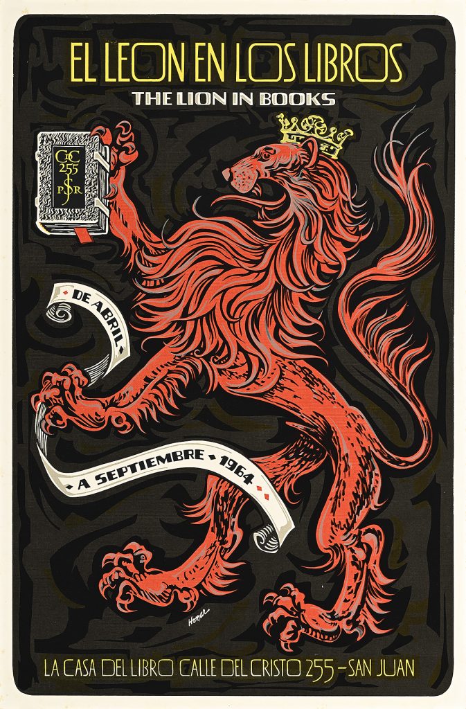 Poster of a red lion rearing back on its hind legs while wearing a crown.