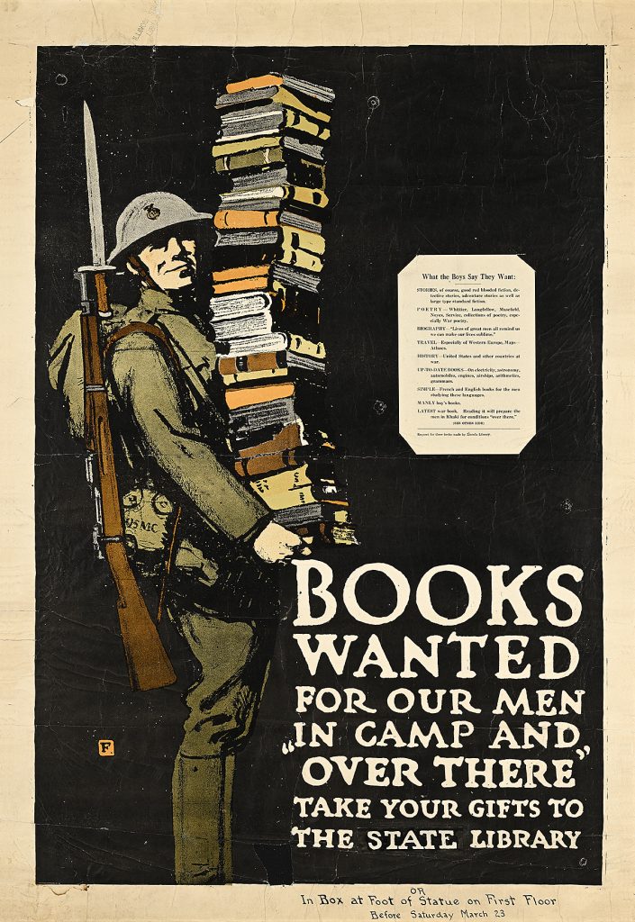 Poster of a soldier carrying an enormous stack of books.