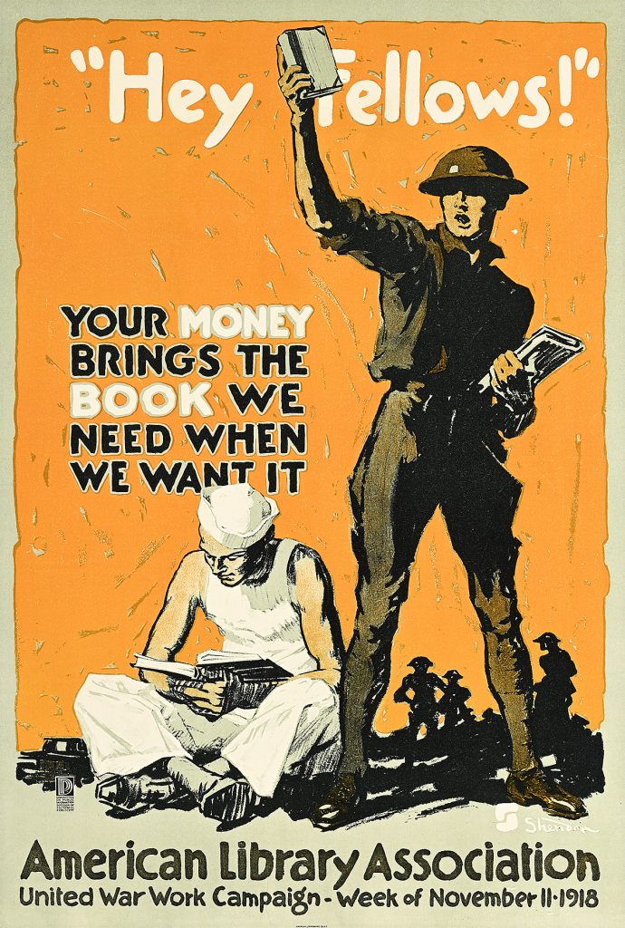 Poster of a soldier holding a book aloft while a sailor reads at his feet.
