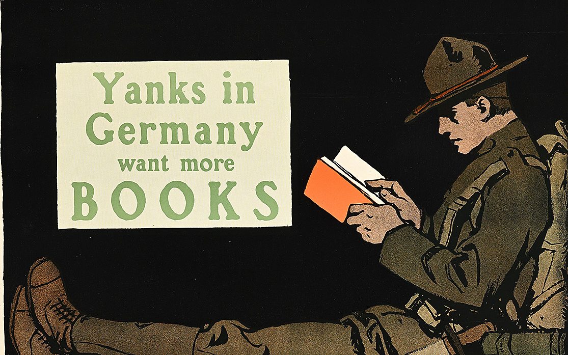 Poster of a soldier reading while sitting on the grass.