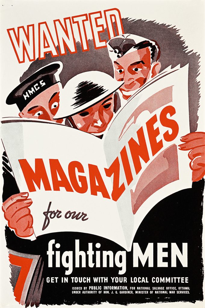 Poster of three soldiers reading magazines in a cartoon style.