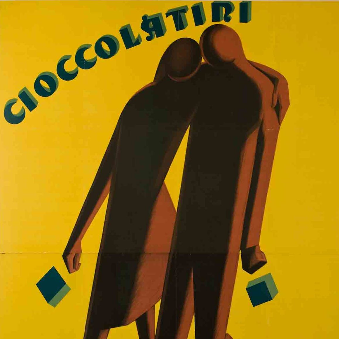 Two avant garde figures walking side by side on a yellow background advertising chocolate
