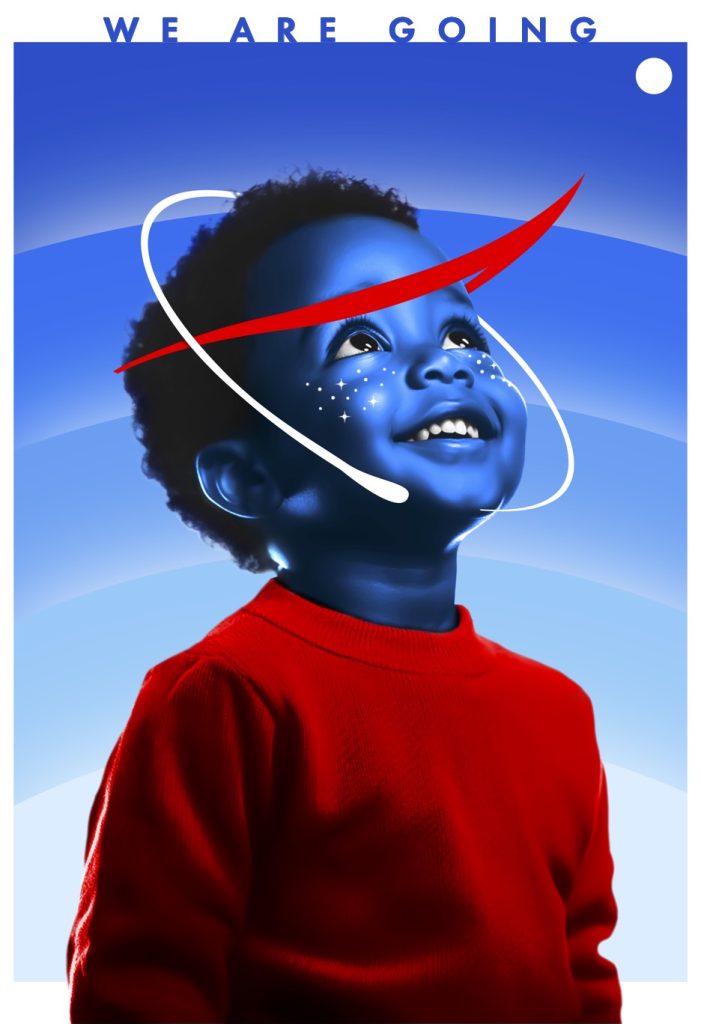 Poster of a child dreaming of space with swooshes around his head.