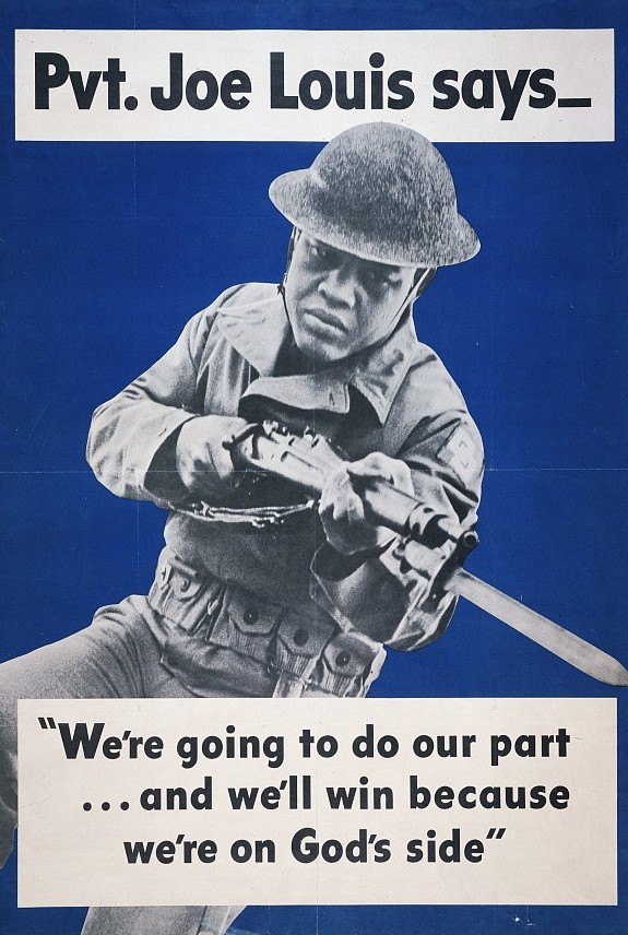 Poster of a black soldier in combat.