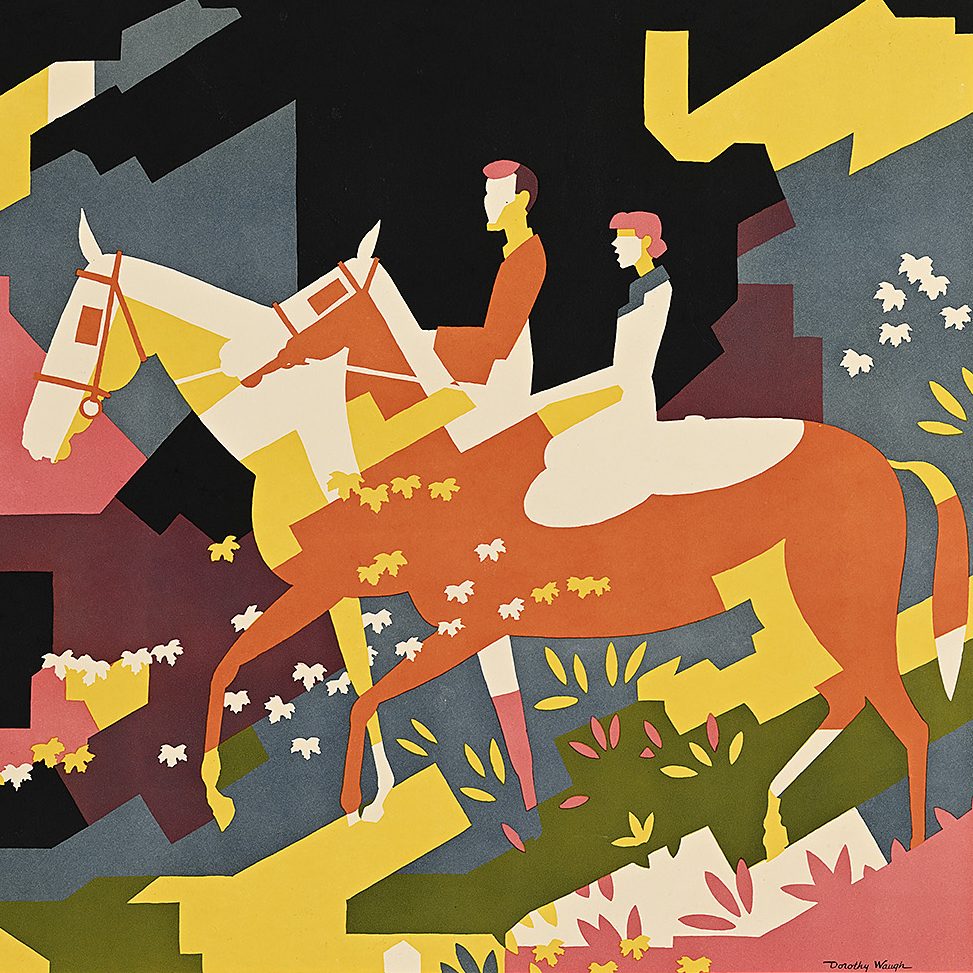 Image of a man and a women riding horses, illustrated in bright colors against a black backdrop.