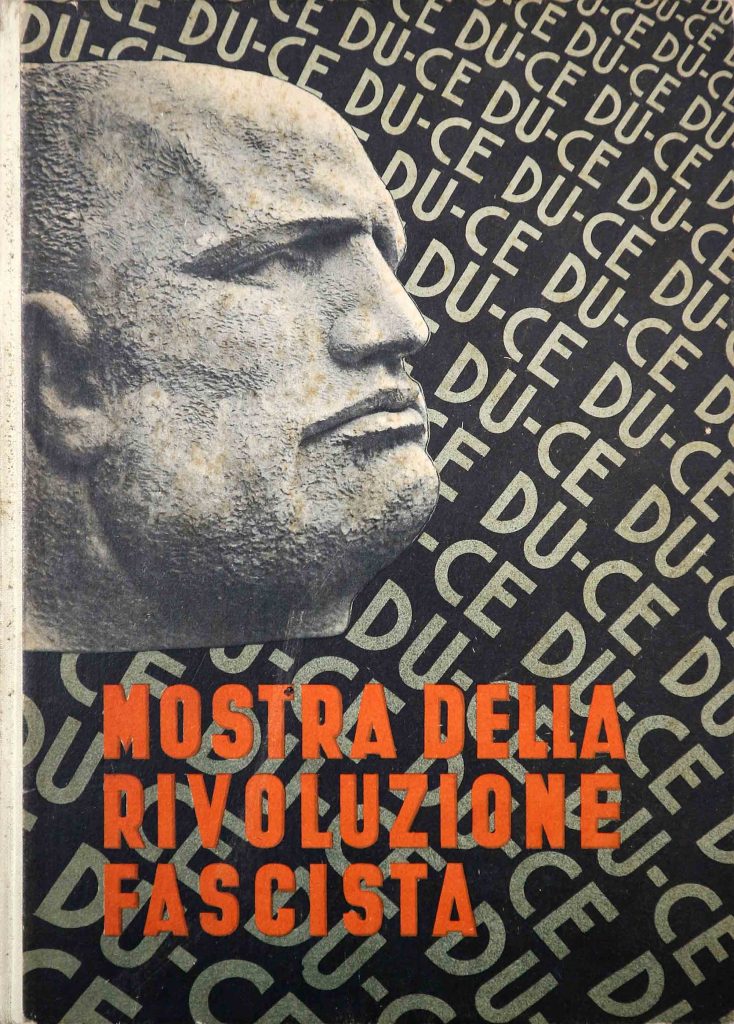 Book cover of Mussolini's face in stone with red text.
