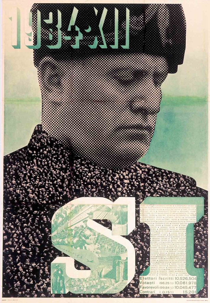 Poster of Mussolini staring down at a crowd.