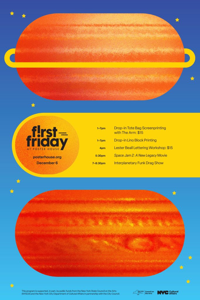 Poster of three planets that have been stretched horizontally, within which is an event lineup.