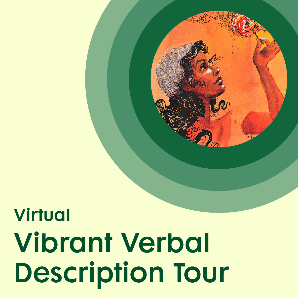 Graphic with a light yellow background promoting a Virtual Vibrant Verbal Description Tour, featuring an illustrated figure in the upper right corner holding a lit match surrounded by green concentric circles.