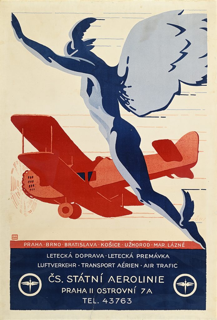 Poster of the god Mercury flying next to a red biplane.