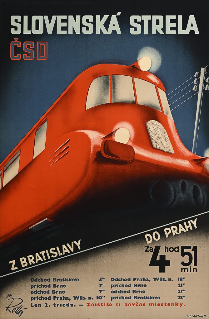Poster of a red train seen from below.