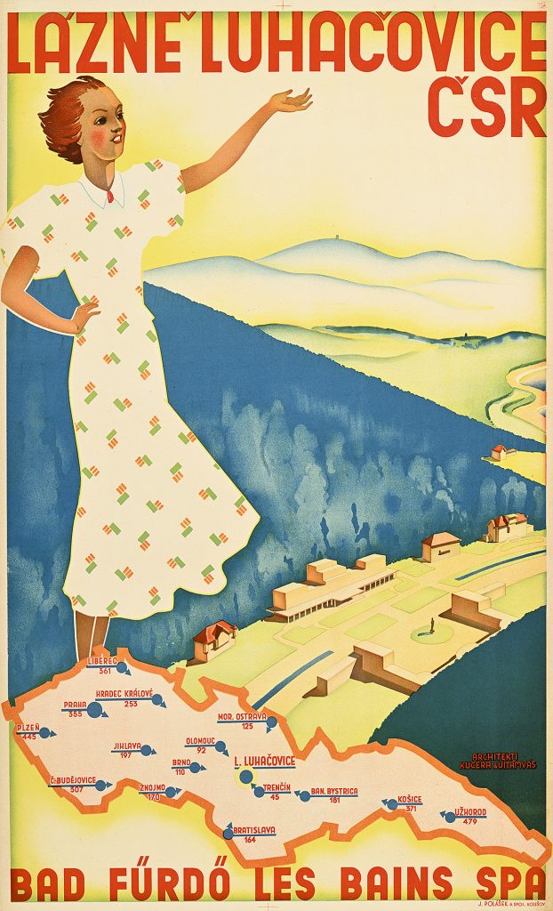 Poster of a woman in a floral dress waving while standing on a map.