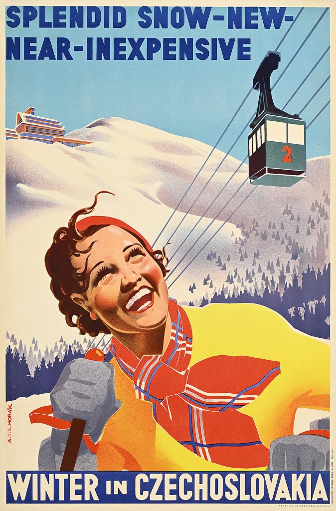 Poster of a closeup of a woman skiing, a chair lift in the background.