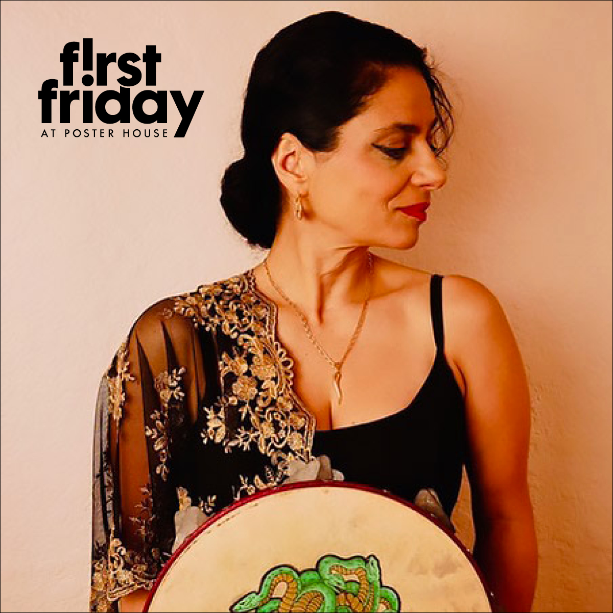 Digital image of a woman with an embroidered shawl over her shoulder, looking downwards, holding a Sicilian drum in front of her.