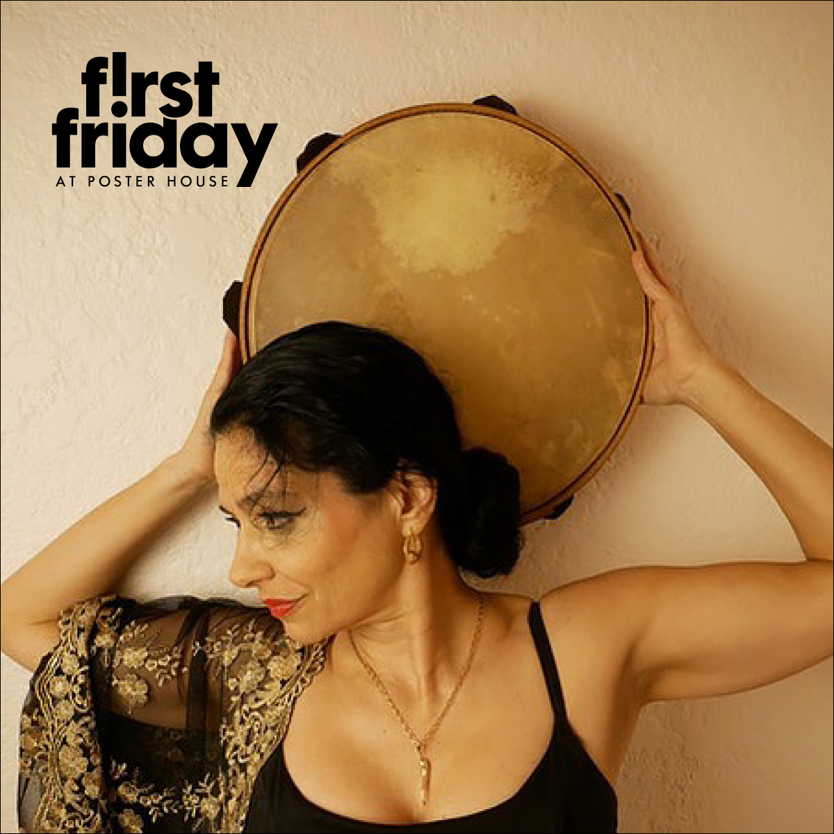 Digital image of a woman with dark hair/ casting her gaze to the side, holding a slim drum behind her head.