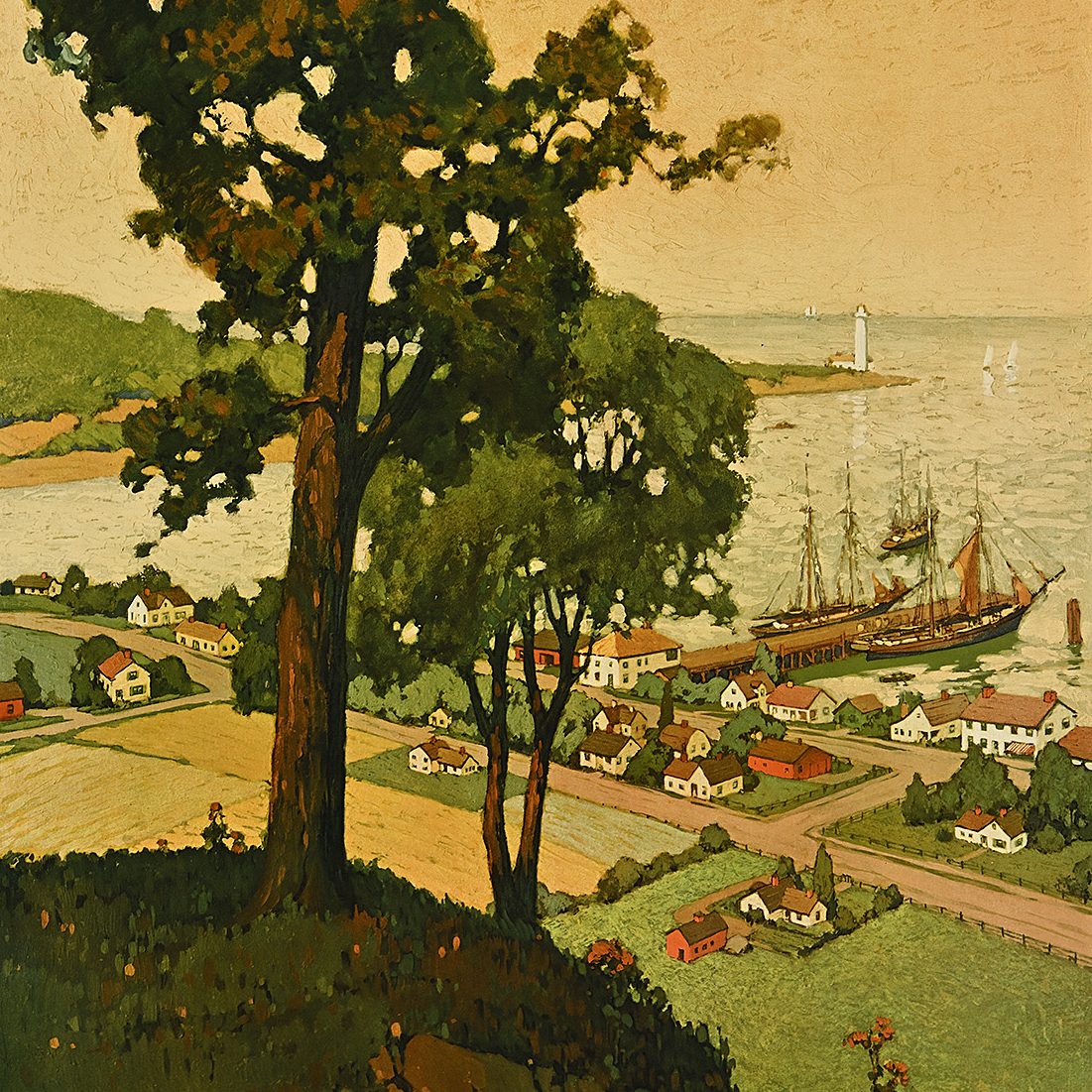 Bucolic, illustrated view of a small, port-side New England town, with a large tree in the foreground and crop fields, small buildings, and two ships in the background.